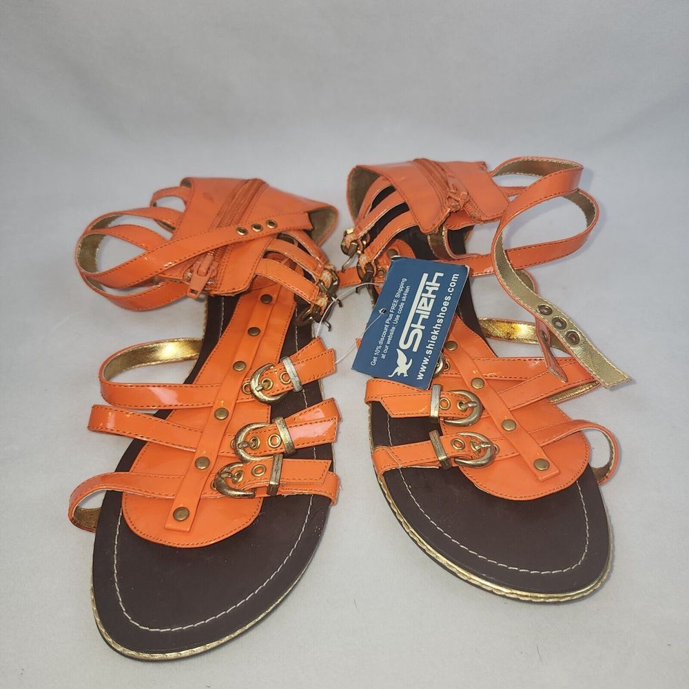 Shiekh Women's Roman Gladiator Sandals Size 8 Orange Brown Zipper Buckle